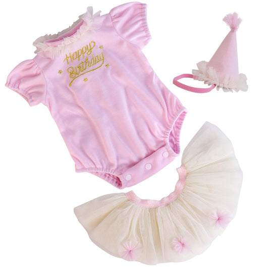 Aori Reborn 3-piece birthday set for 17–20 inch dolls, pink bodysuit, ideal for celebrations.