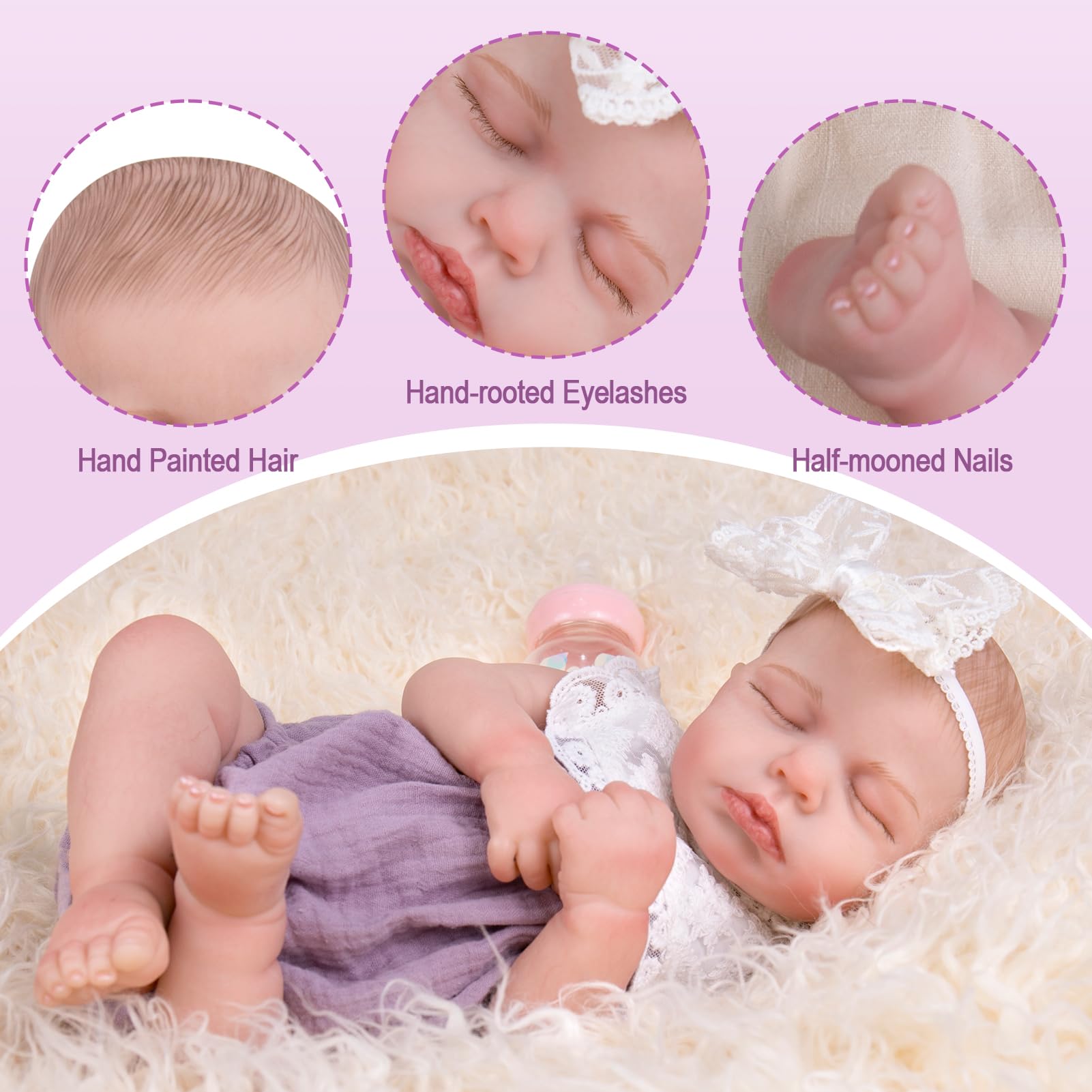 Aori Realistic Reborn Baby Doll 20-inch hand-painted details highlight rosy lips and tiny nails