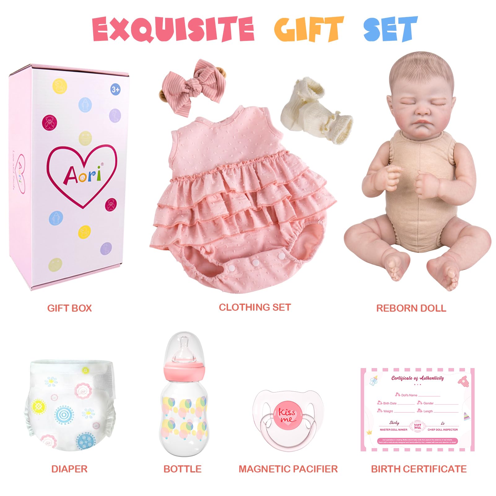 Aori Reborn Baby Doll bottle and pacifier included for nurturing routines.