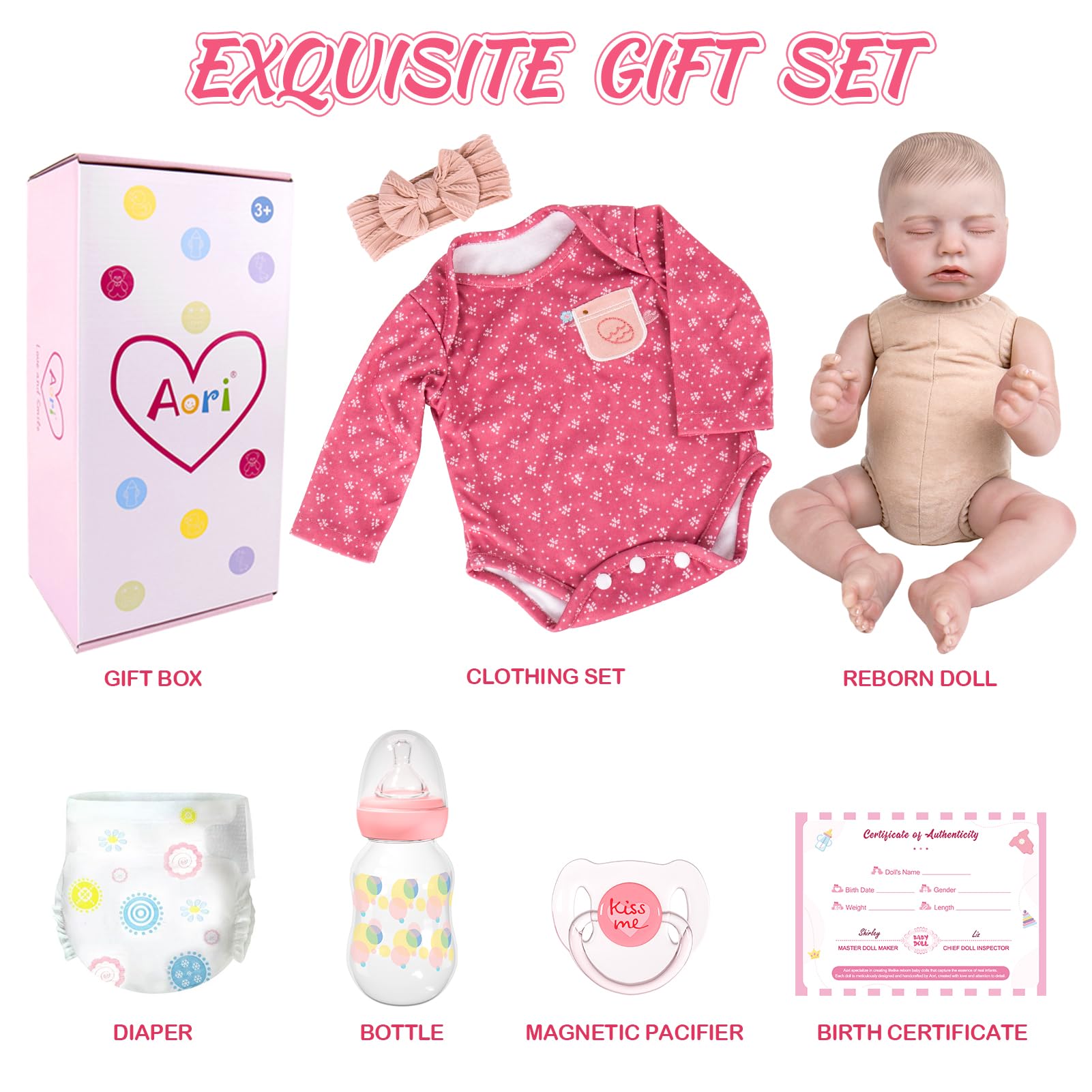 Aori Reborn Baby Dolls gift box with bottle and pacifier.