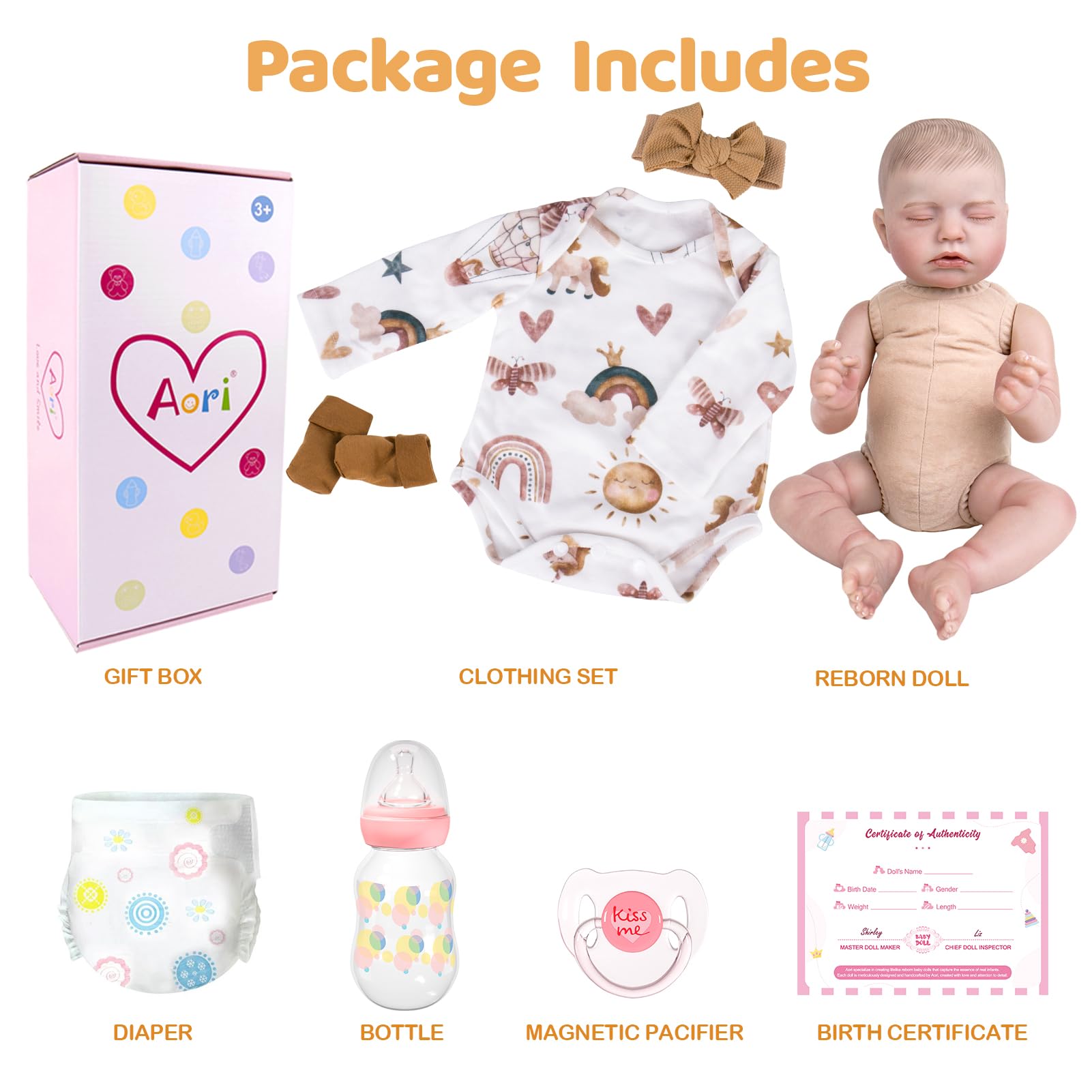 Aori lifelike doll with birth certificate card for keepsake moments.