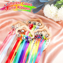 Aoriher rainbow hand ribbon kite shows 3 bells per handle for musical engagement.