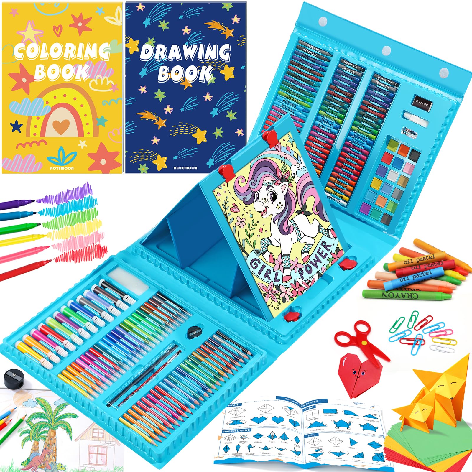 AOTEMOON All-in-One art easel supports kids' drawing and painting sessions.