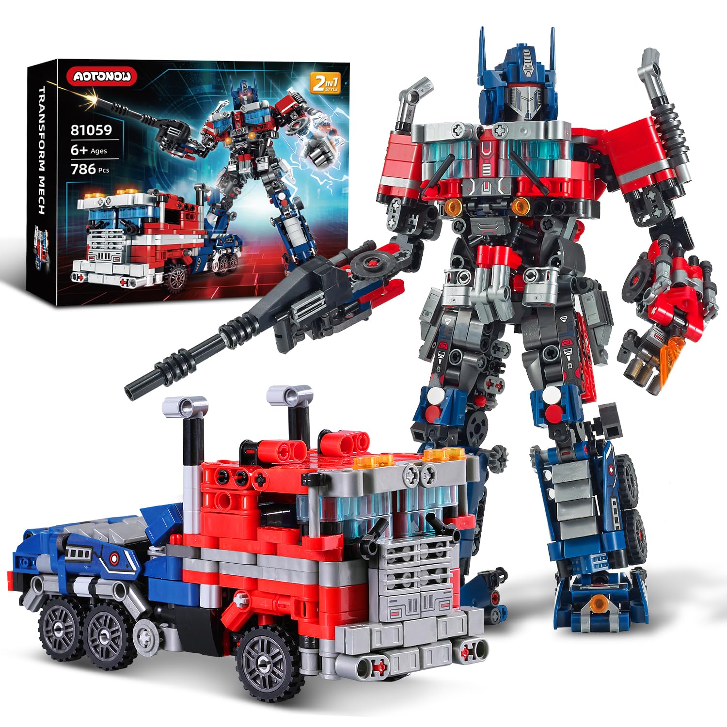 Aotonow 2-in-1 transform robot build set shown in mid-assembly for imaginative play