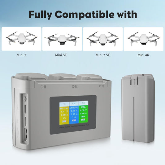 Aovee battery hub with LCD displays voltage and charging progress for each battery.