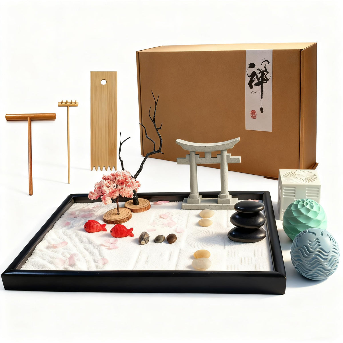 AOVOA Japanese Zen Garden desktop tray with sand and rocks for calm focus.