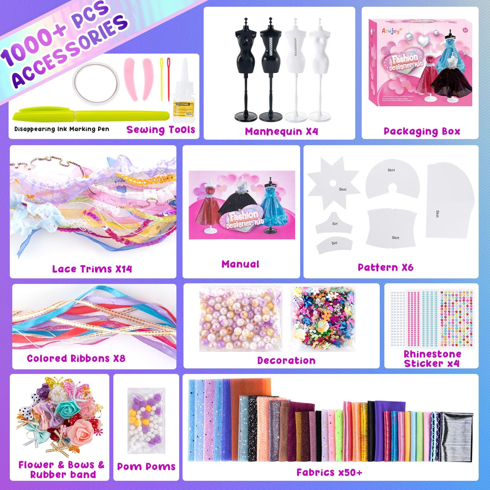 Aowjoy fabrics and trims close-up highlighting rich textures for dressmaking.