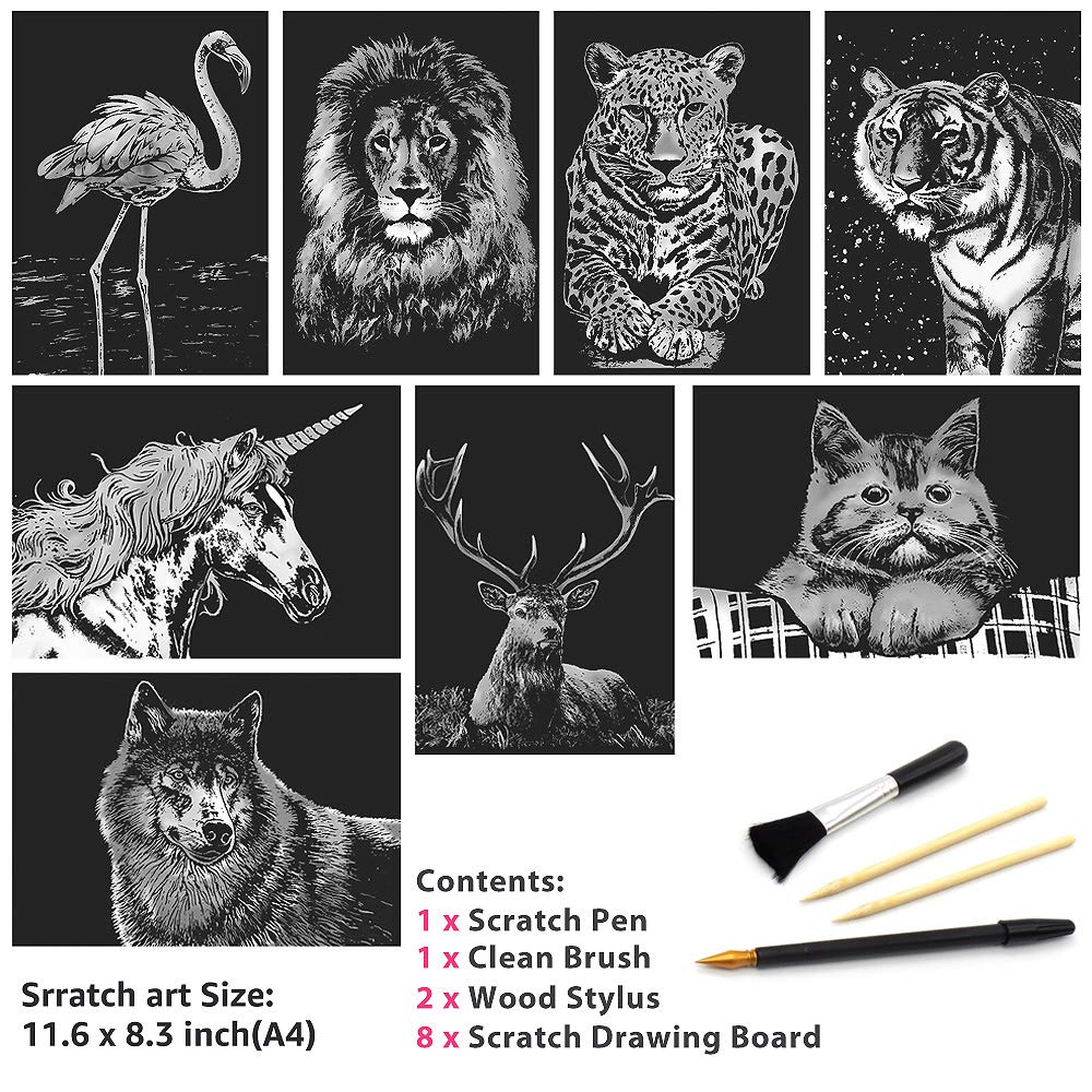 AP ARTSPER scratch art board leopard scene reveals shimmering colors under the matte layer.