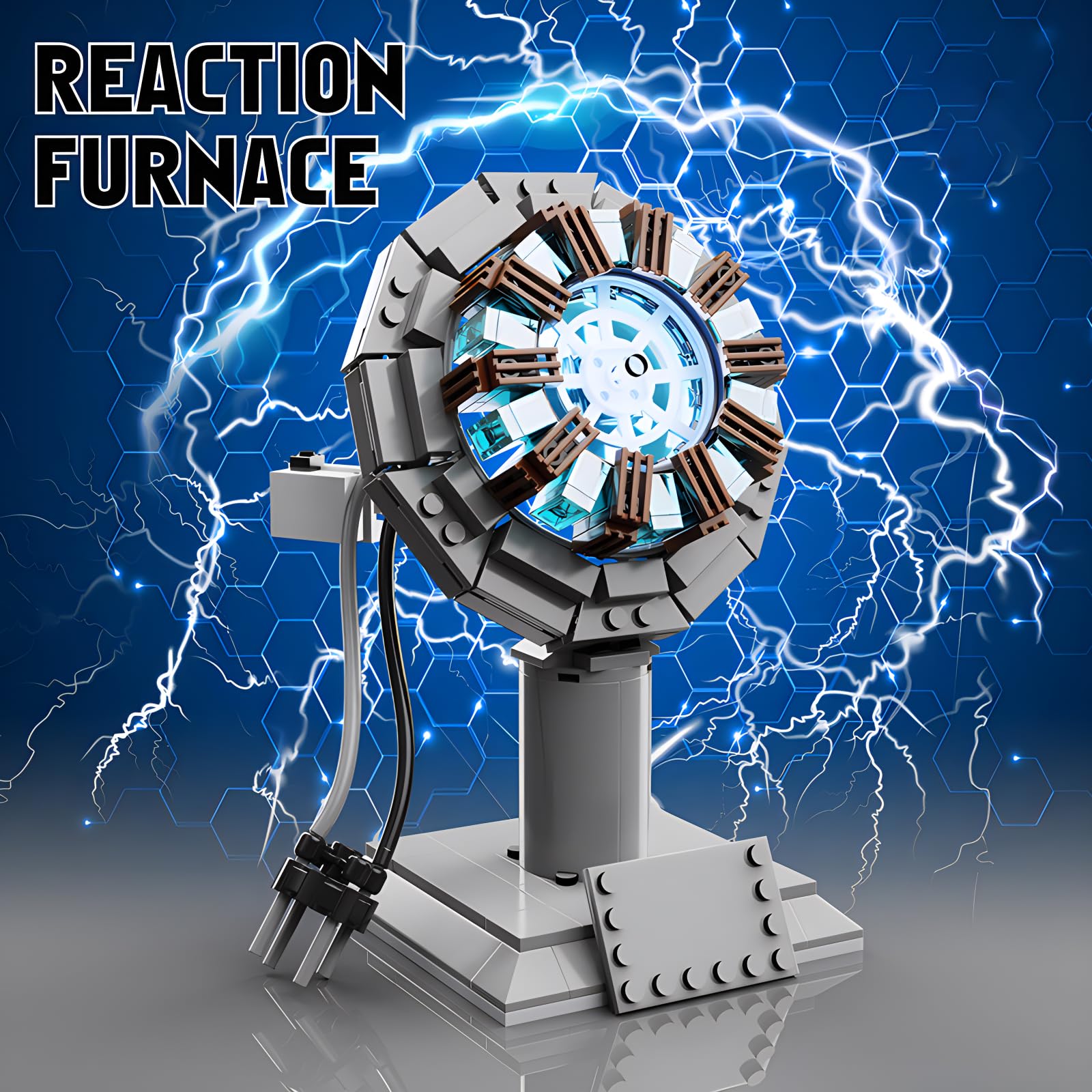 APENGBAOL arc reactor building block set presented as a collectible centerpiece for fans.