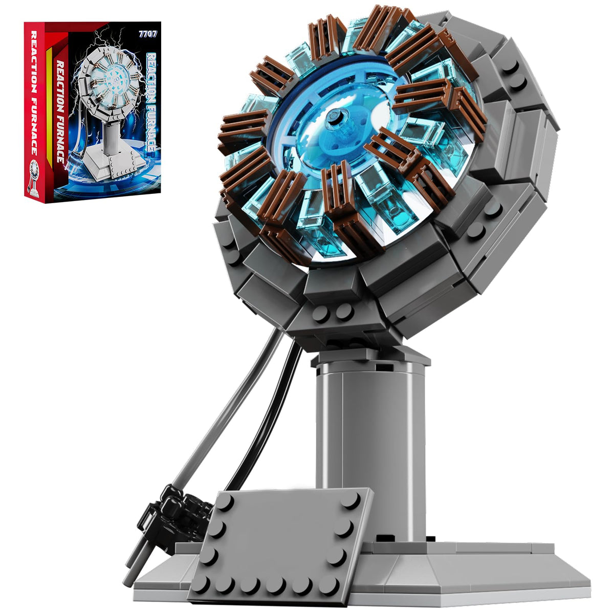 APENGBAOL arc reactor building block set with lights enhances desk display and movie-inspired ambiance.