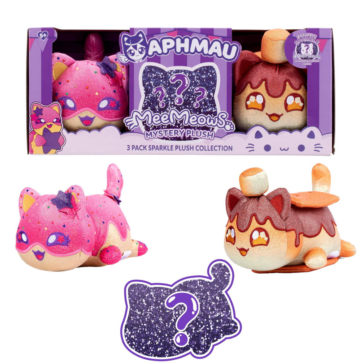 Aphmau MeeMeow Carnival Treats 6in pack, three plush friends, ideal for display and gifting.
