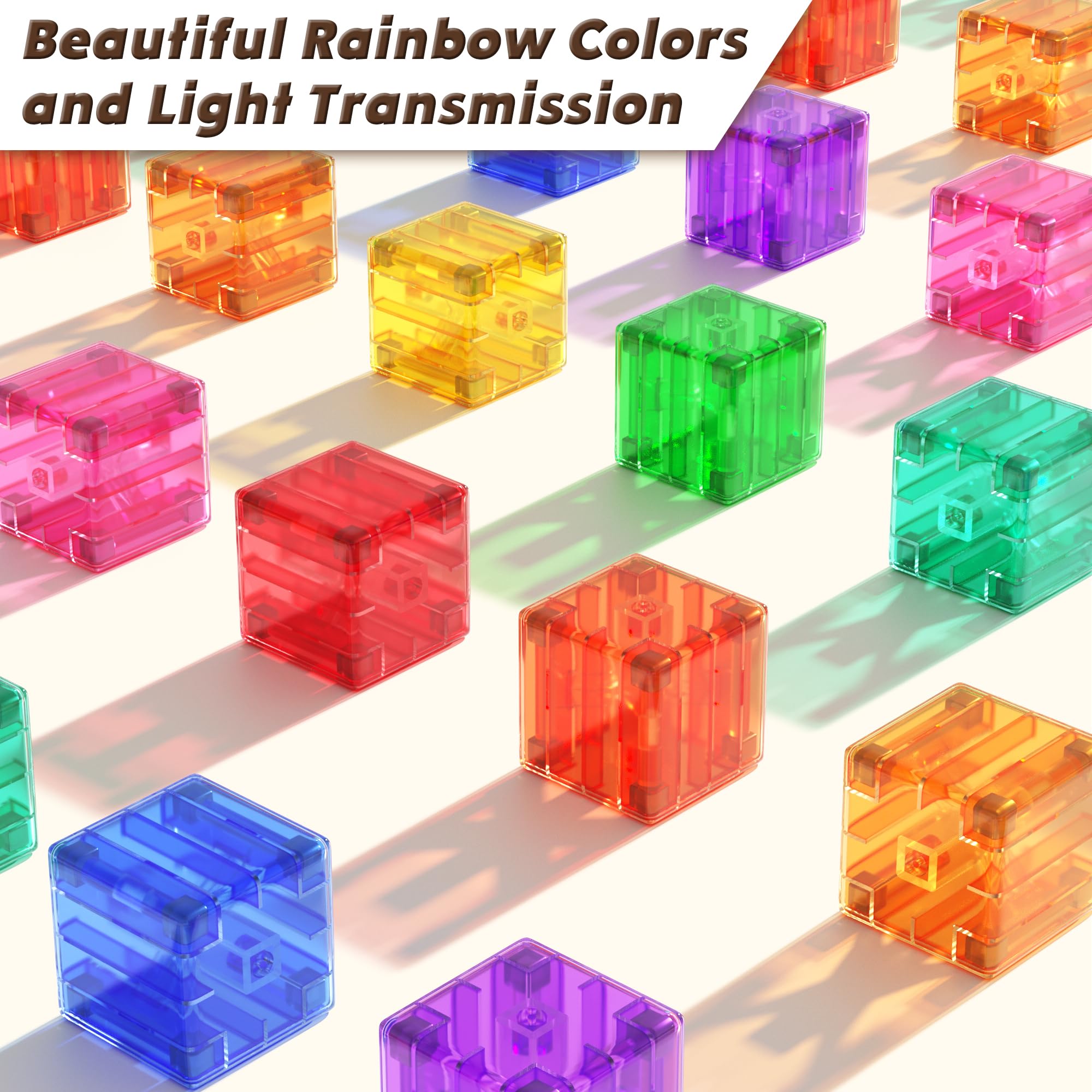 Apluses rainbow-colored magnetic cubes promote color sorting and visual exploration.