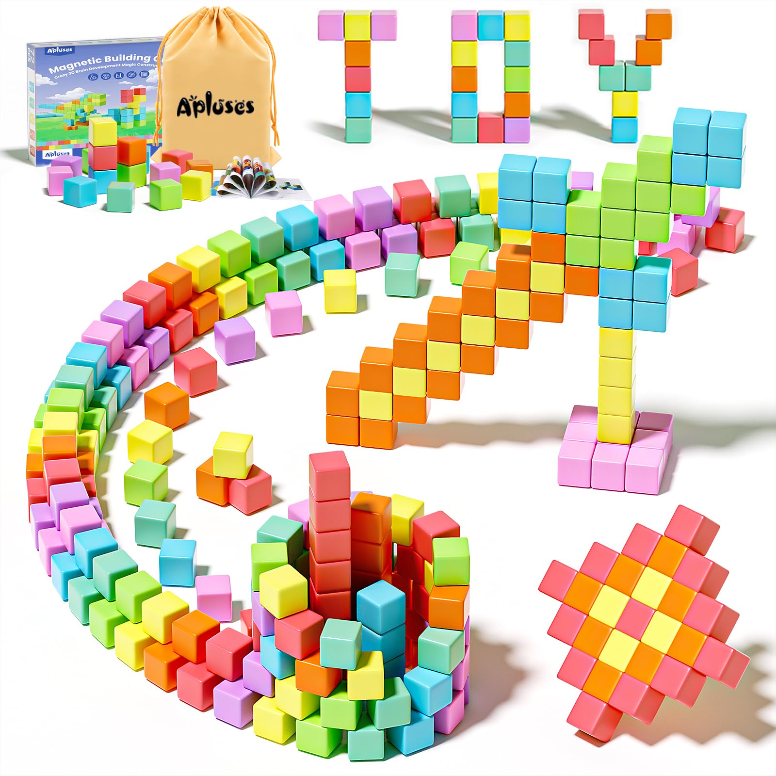 Apluses 72-piece magnetic blocks in bright colors boost creative building play.
