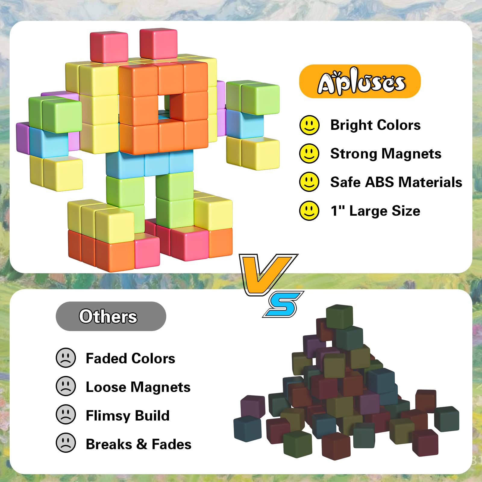 Apluses blocks with strong magnets enable stable towers and imaginative structures.