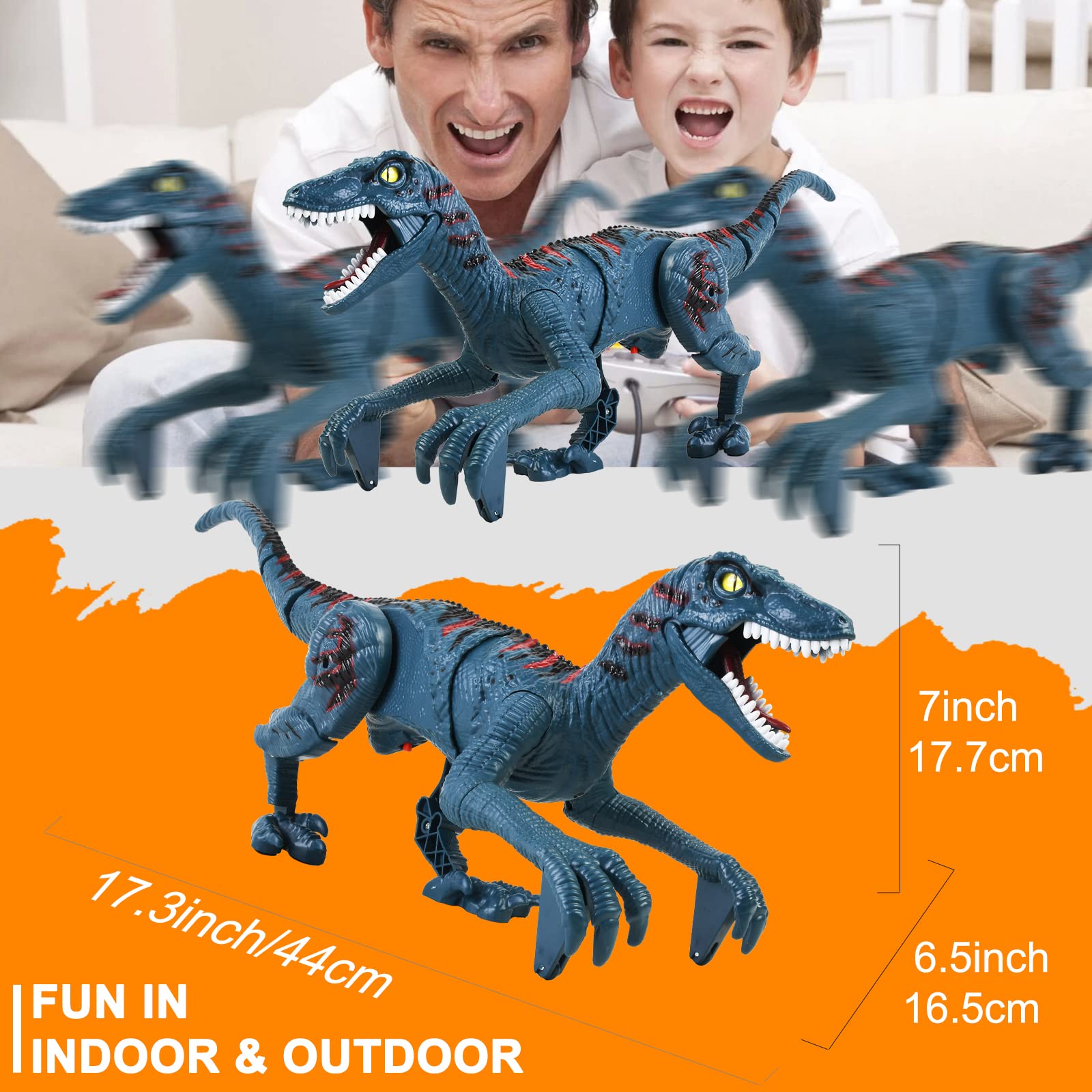 APOBATK Velociraptor remote control in hand demonstrates intuitive controls for kids ages 5 and up.