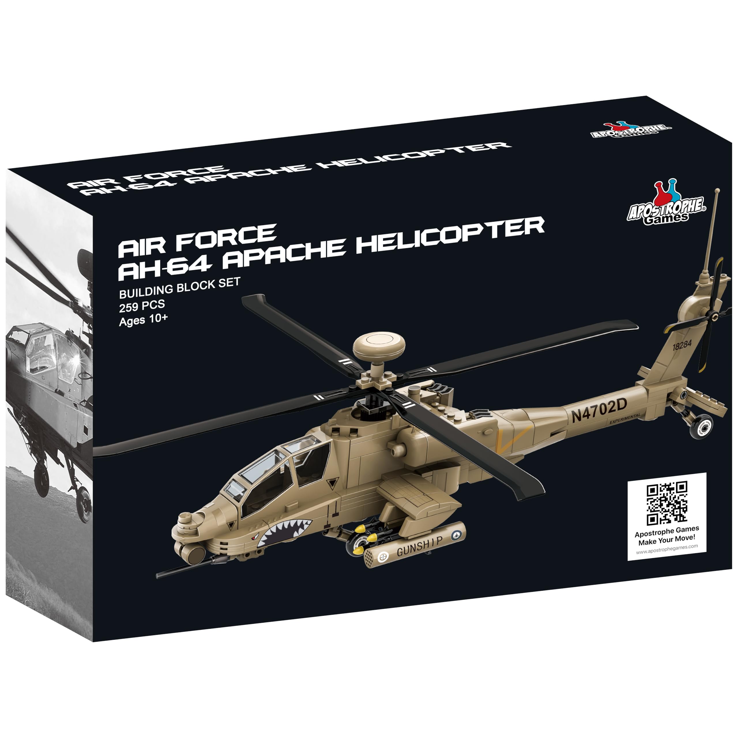 Apostrophe Games AH-64 Apache display-ready model complements shelves and learning spaces alike.