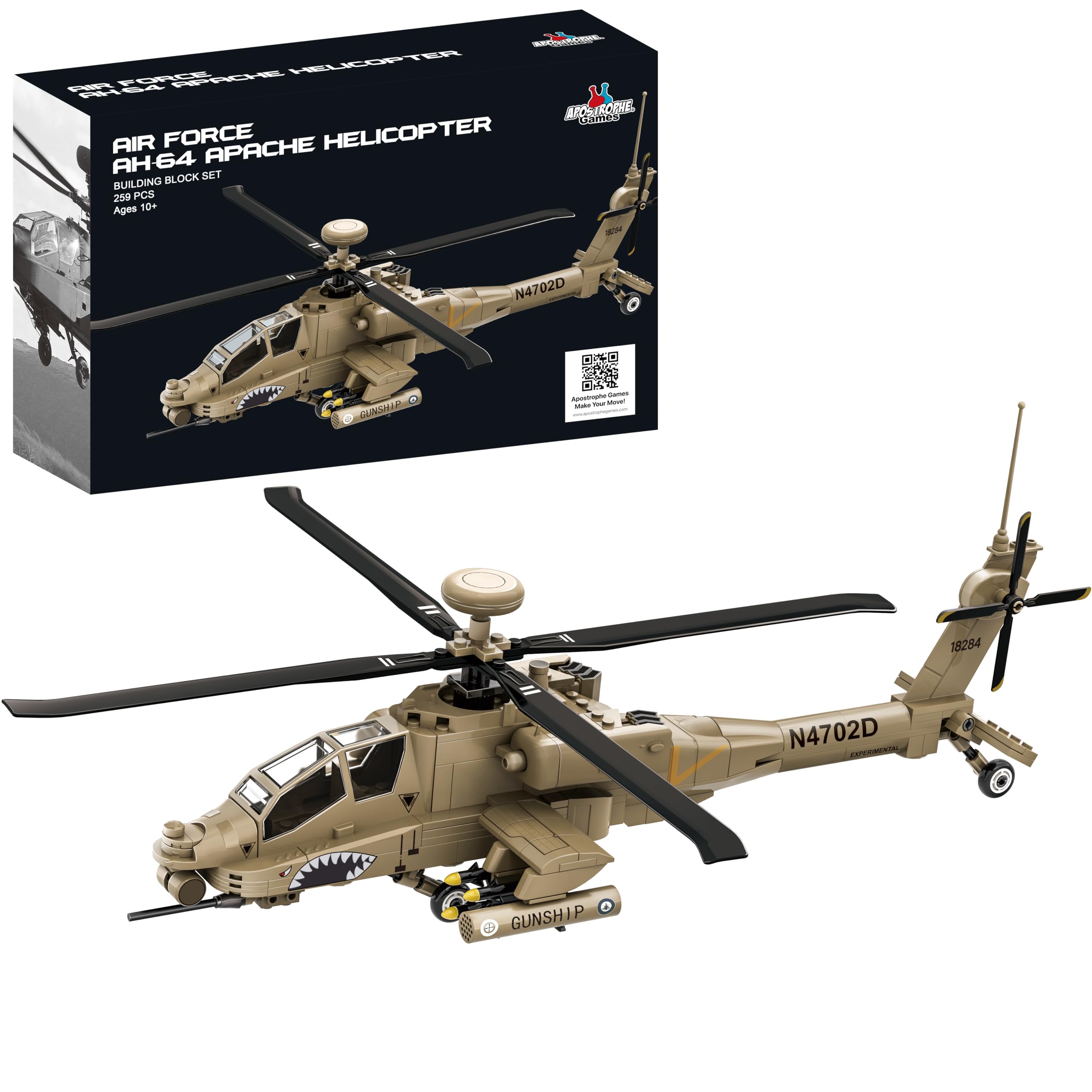 Apostrophe Games AH-64 Apache front view model ideal for display and hands-on play.