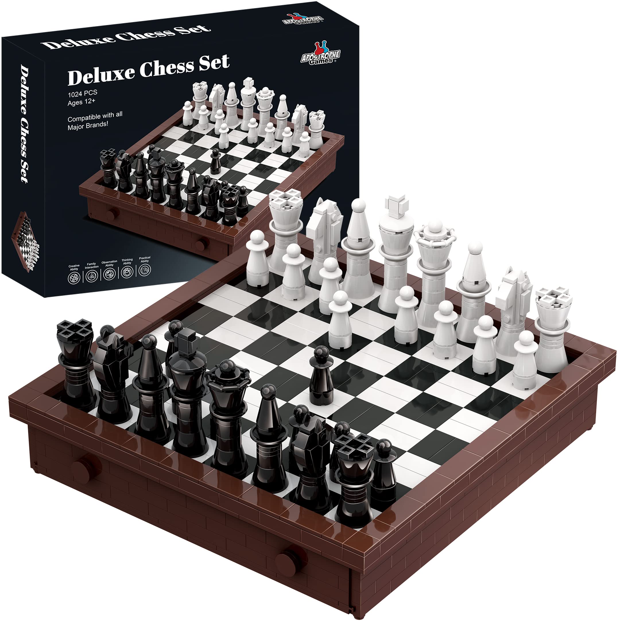 Apostrophe Games Building Block Chess Set assembly view showing the 1,024-piece kit for creative play.