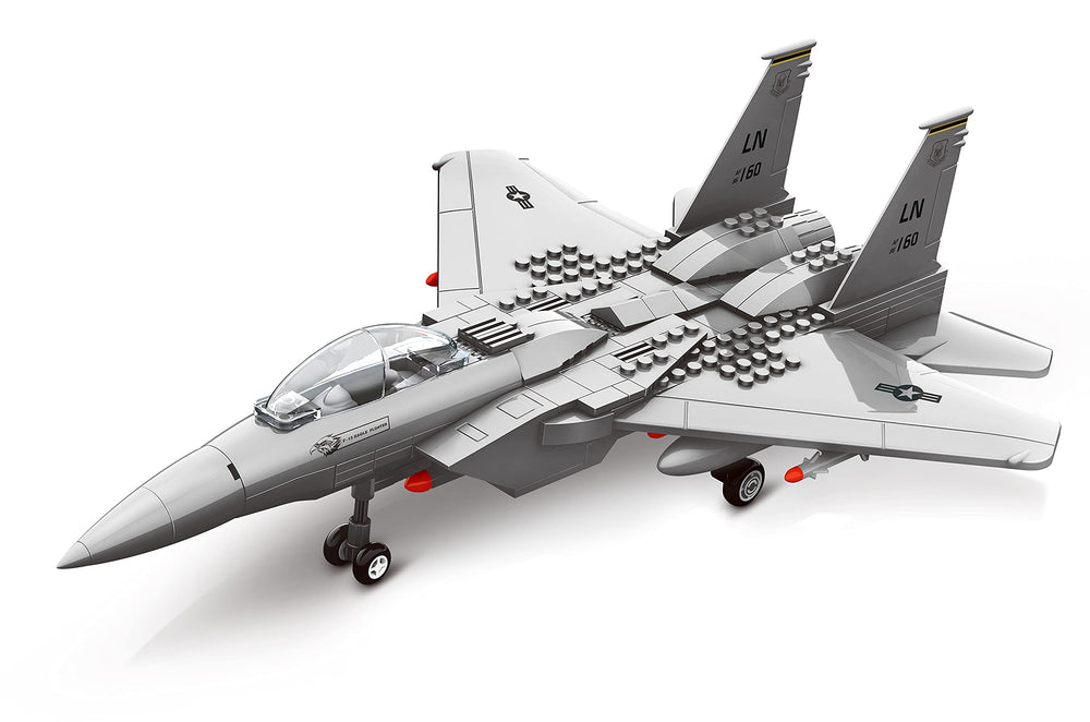 Apostrophe Games F-15 Eagle jet complete build, ideal for family brick projects.