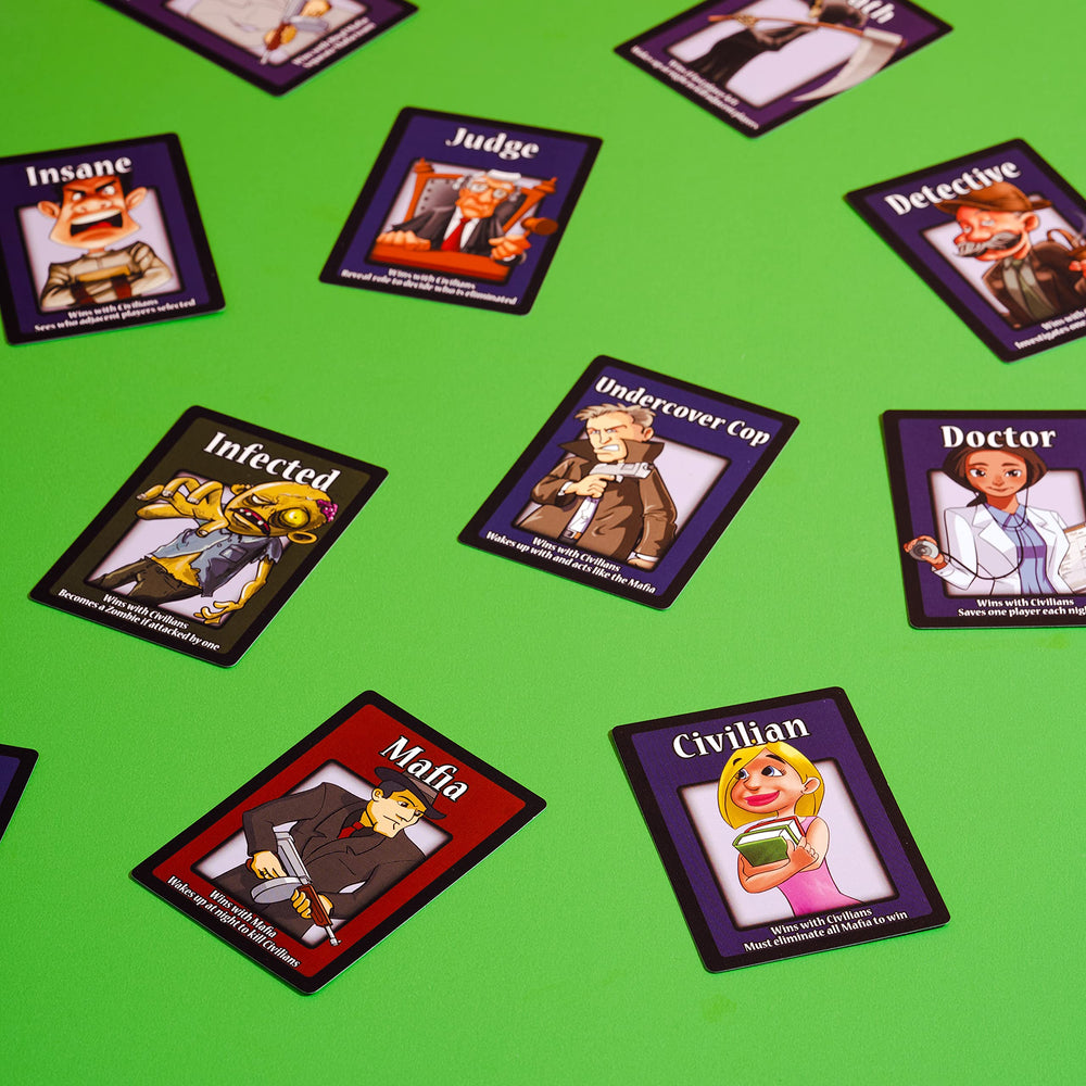 Apostrophe Games Mafia Deluxe party scene with friends enjoying bluffing.
