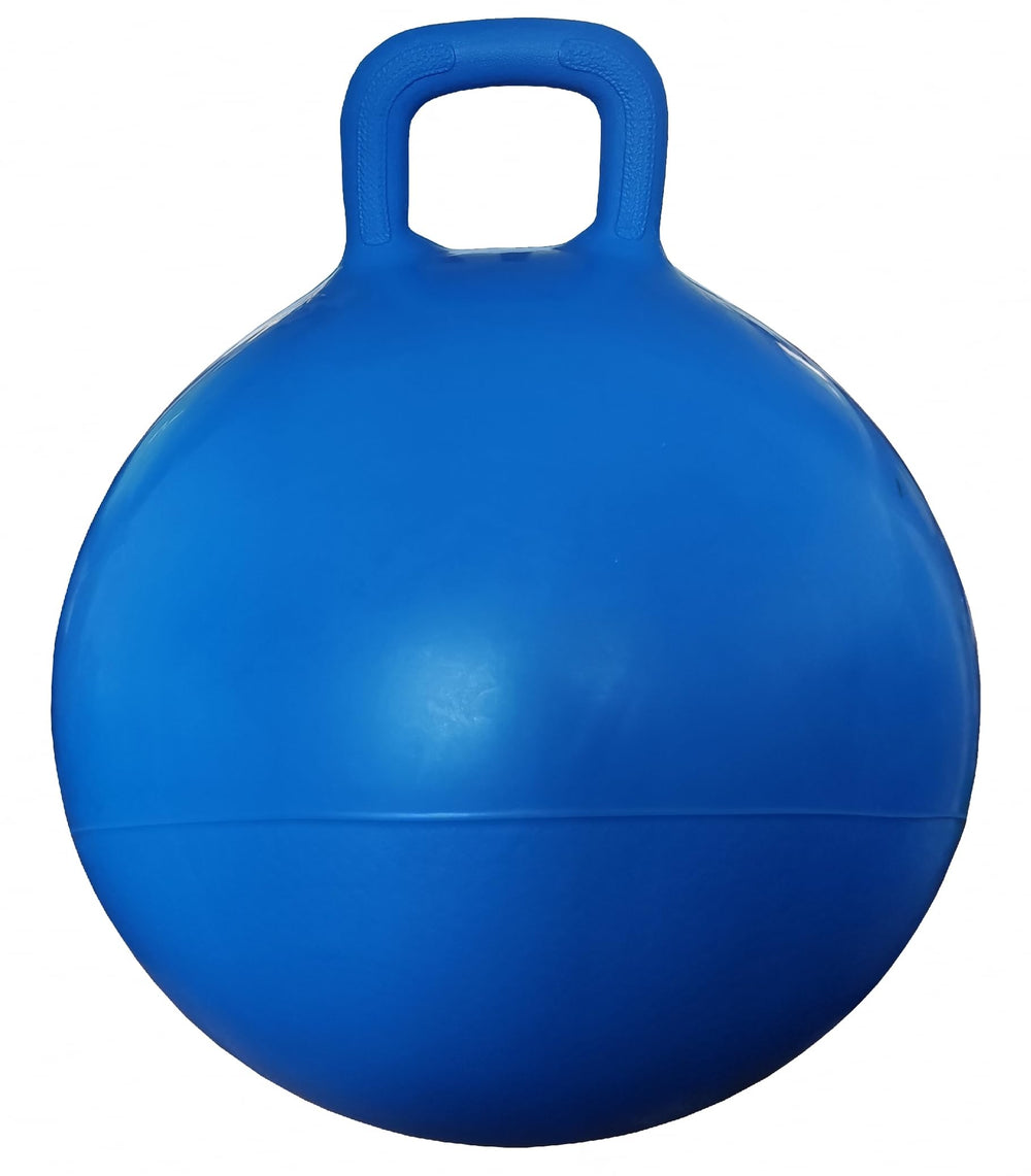 AppleRound Hippity Hoppity Ball blue handle closeup emphasizes reliable grip during play.