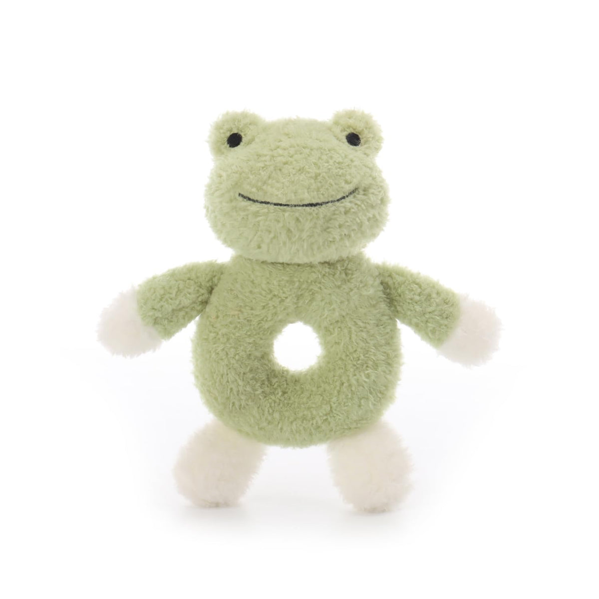 Apricot Lamb baby frog soft rattle close-up, plush texture and gentle rattle for newborns.