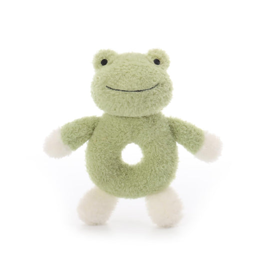 Apricot Lamb baby frog soft rattle close-up, plush texture and gentle rattle for newborns.