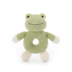 Apricot Lamb baby frog soft rattle close-up, plush texture and gentle rattle for newborns.