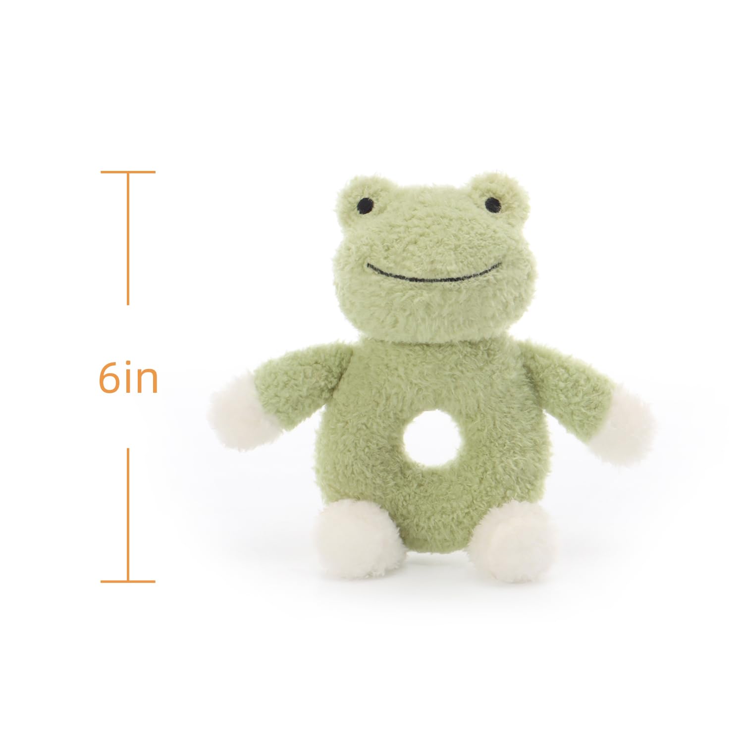 Apricot Lamb plush frog rattle; giftable keepsake for baby showers.
