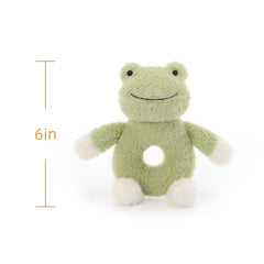 Apricot Lamb plush frog rattle; giftable keepsake for baby showers.