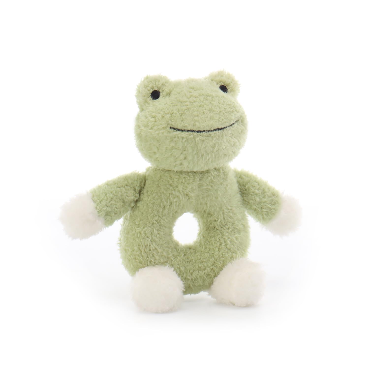 Apricot Lamb baby frog rattle; surface washable plush for quick cleaning.