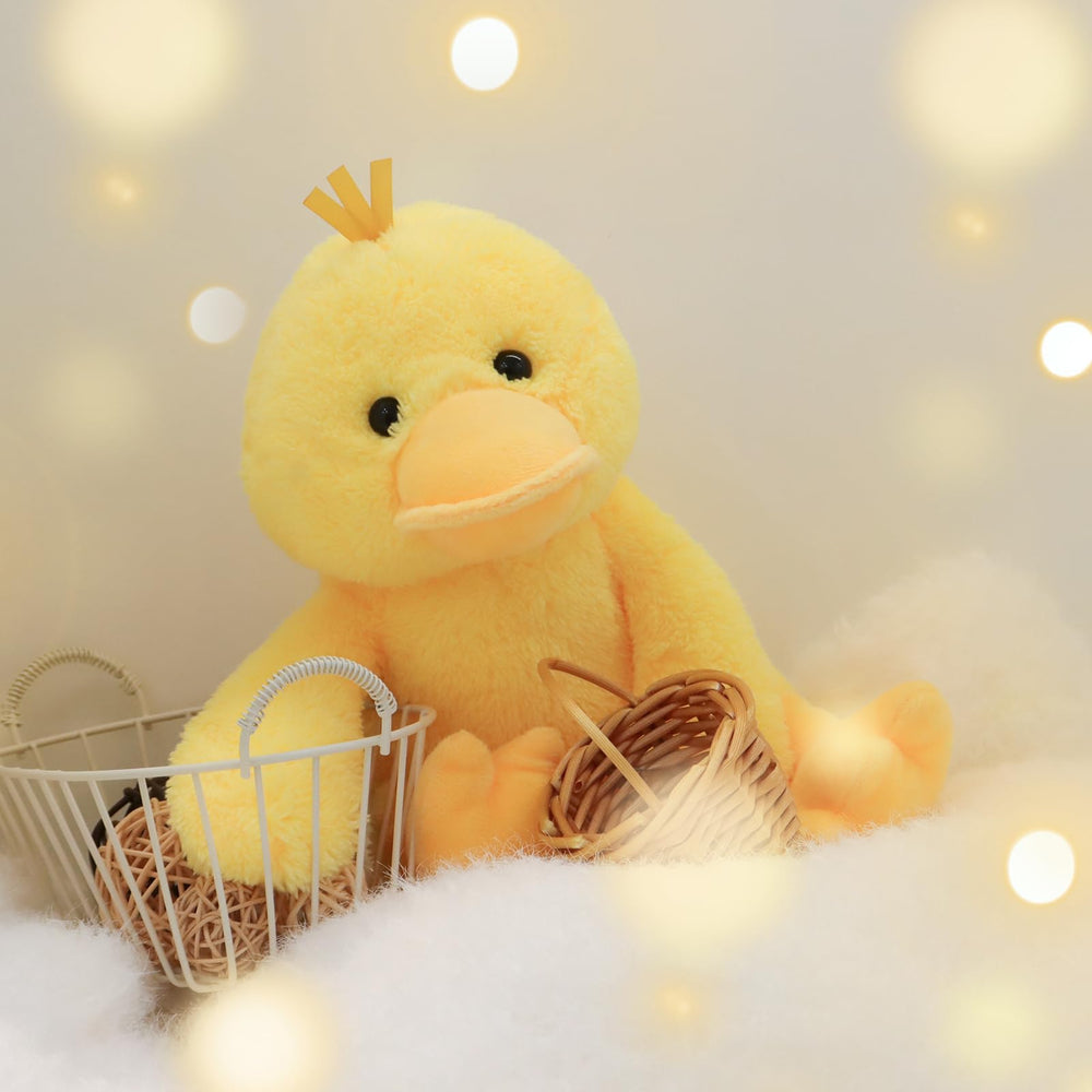 Apricot Lamb velvet duck plush on a shelf, cheerful room decor.