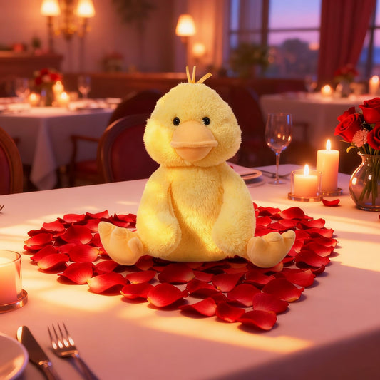 Apricot Lamb velvet duck plush side view, ideal travel friend for little ones.