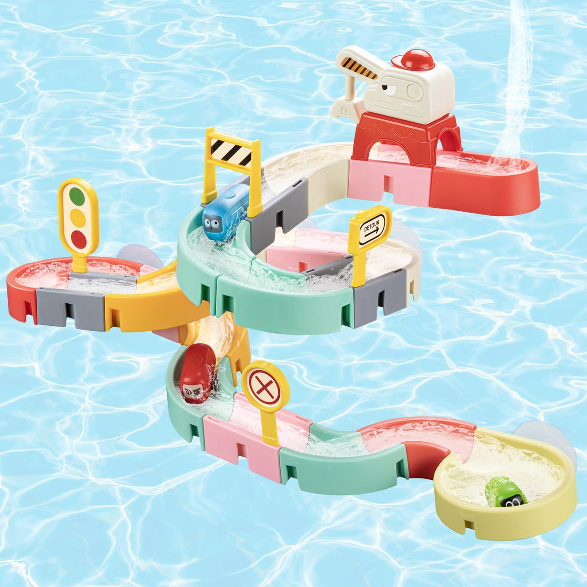 Aprilwolf car slide bath toy on wall track for focused imaginative play