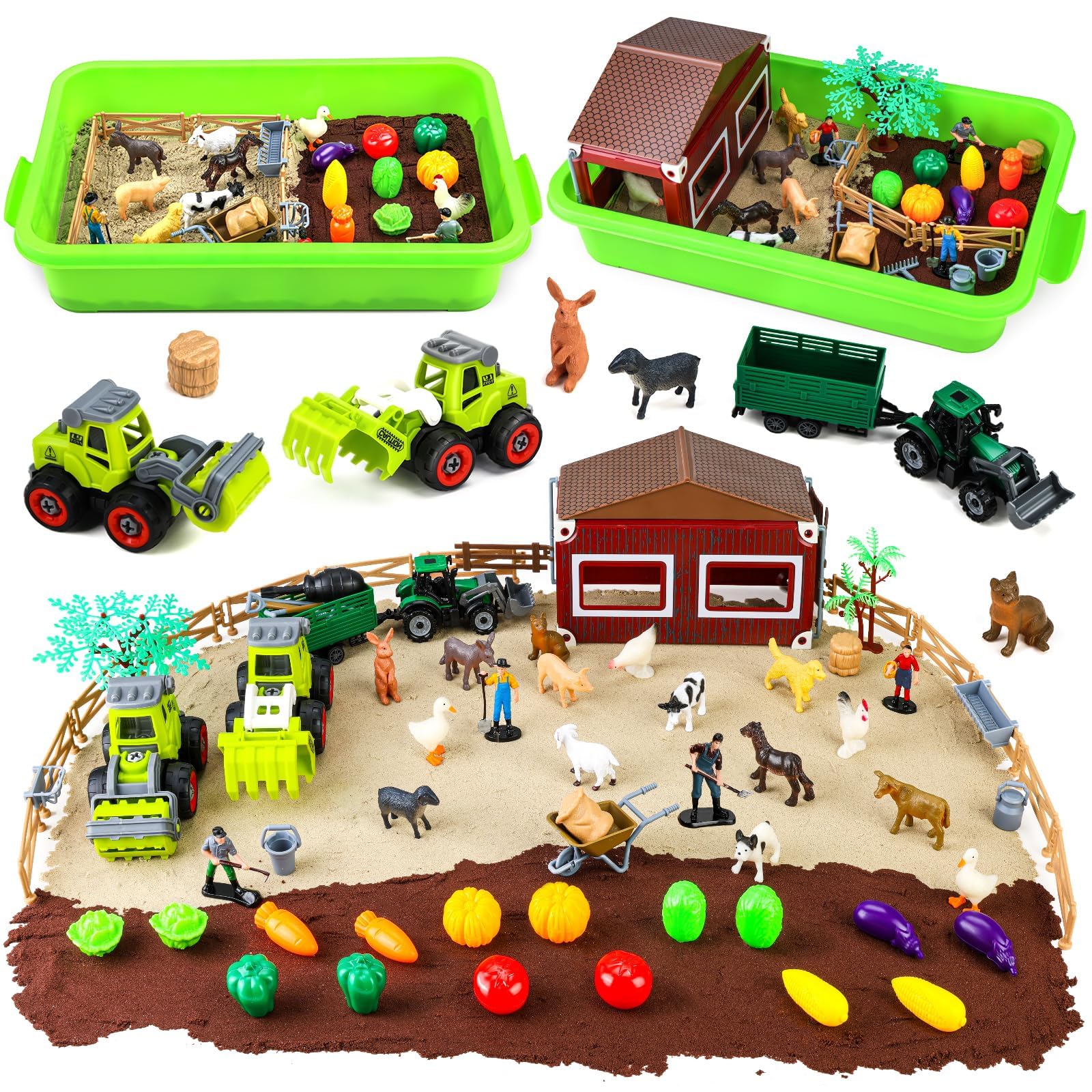 Aprilwolf farm sensory bin setup with tractors and animals for imaginative play