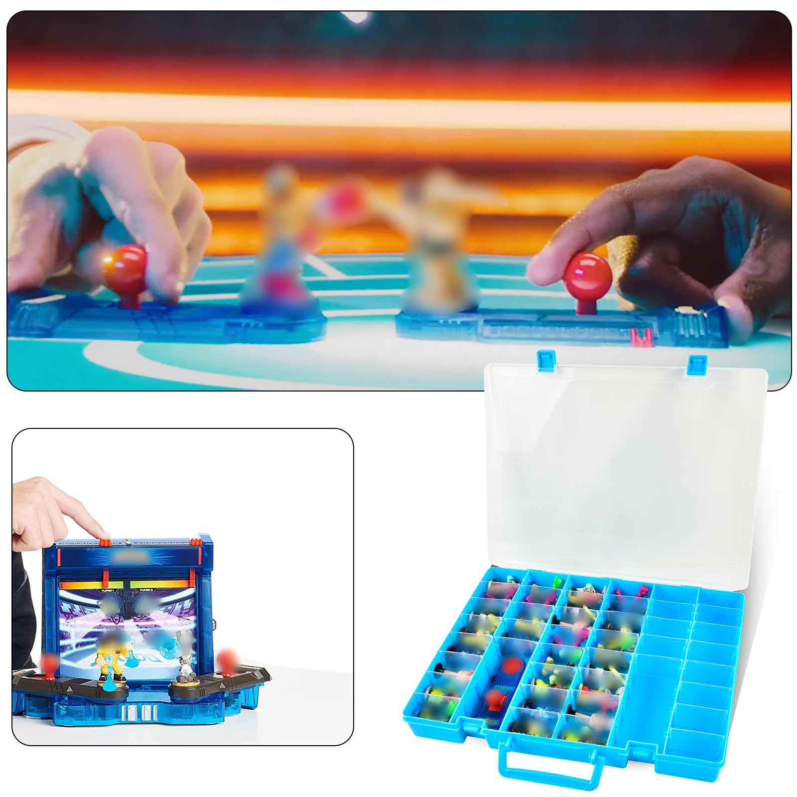 Aptbyte Akedo Case blue on-shelf display keeps collectibles organized and visible.