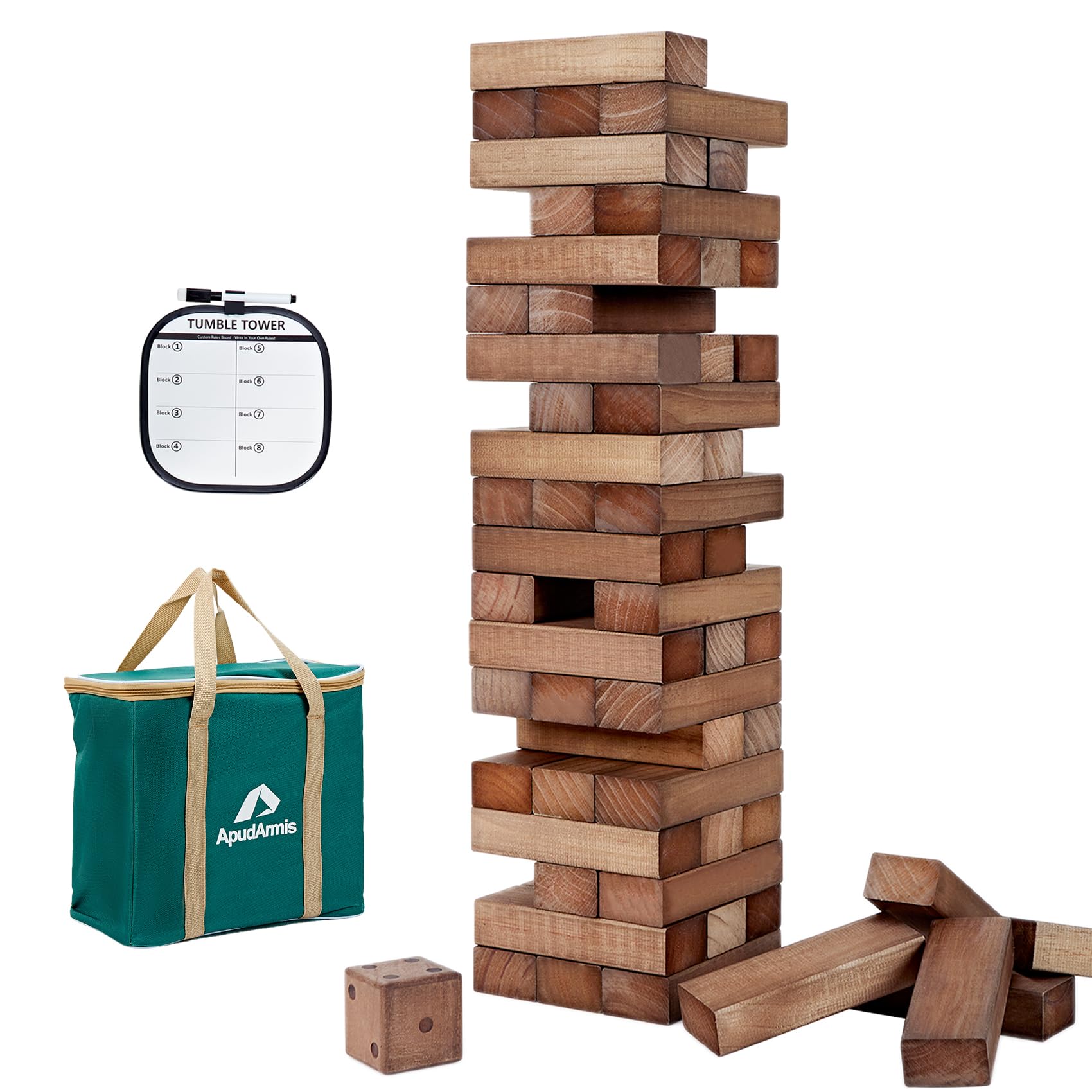 ApudArmis 54 PCS Tumble Timber Set assembled into a tall tower indoors.