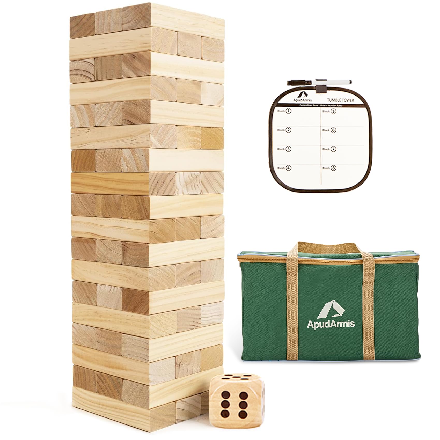 ApudArmis Giant Tumble Tower being assembled for backyard fun and family challenge.