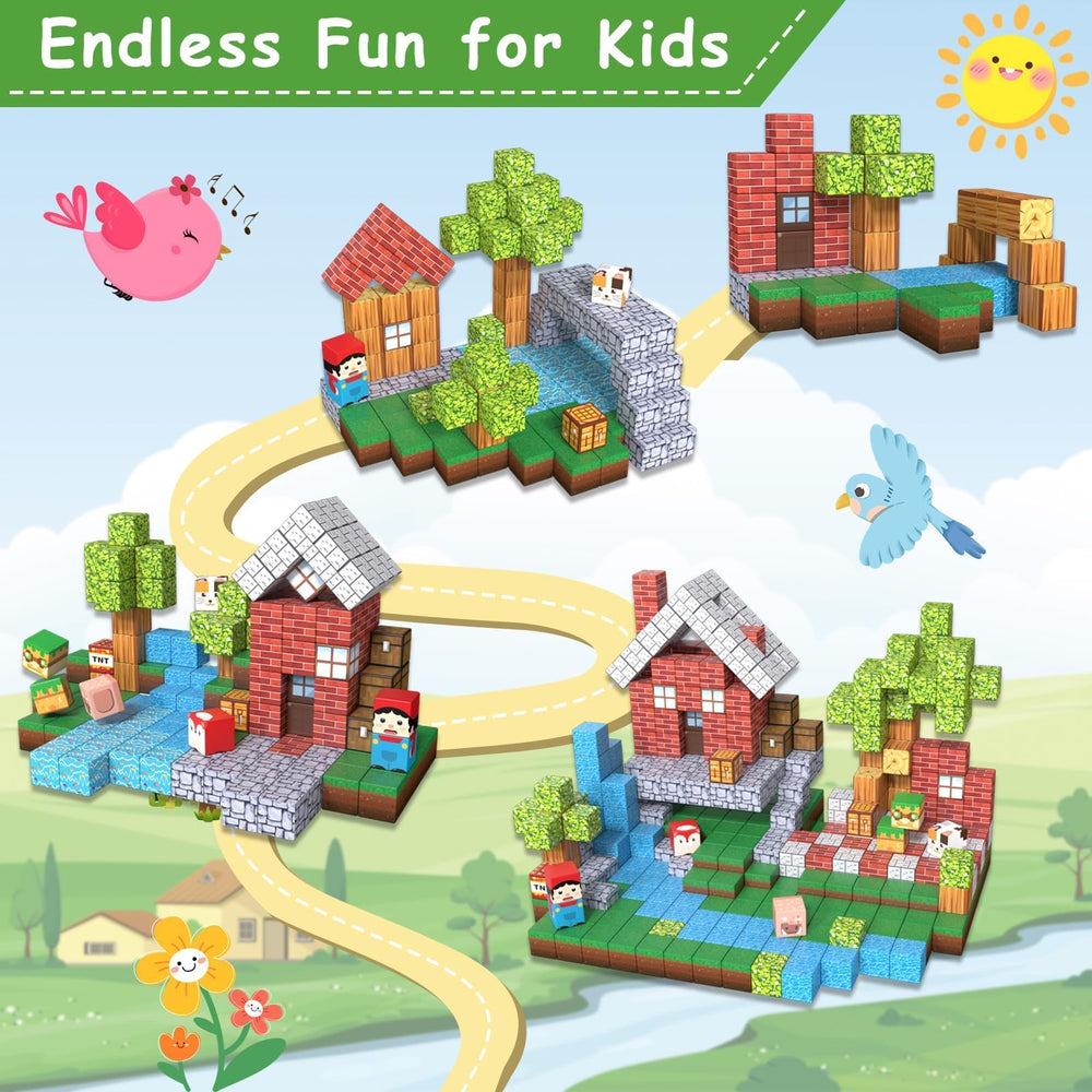 apyr aoma child builds colorful structures with magnetic blocks.