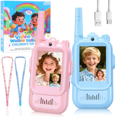 APZYI video walkie talkies kids front view in blue and pink, perfect for two-player play.