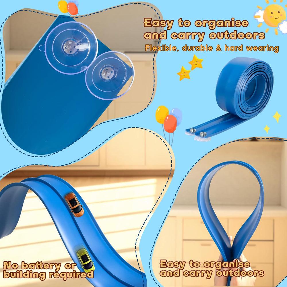 AQFR Flex Track family-friendly setup encourages cooperative pretend racing.