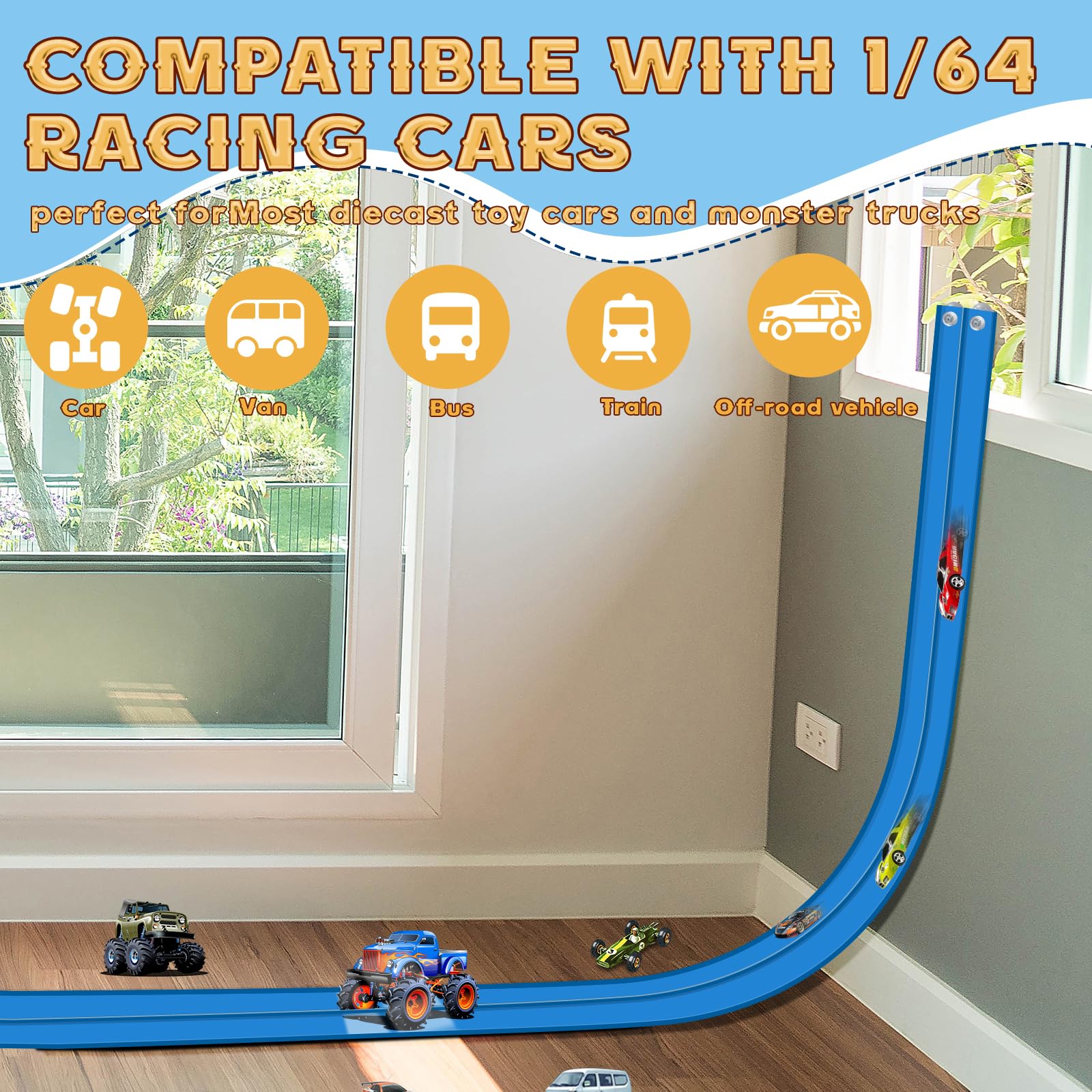 AQFR Flex Track two-lane racetrack supports friendly competition for kids.