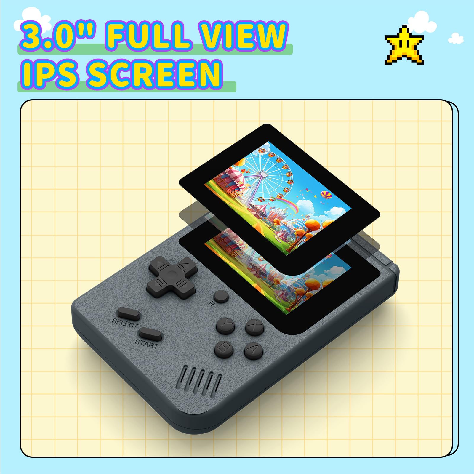 AQHH 3-inch IPS screen close-up showing vivid colors in gray.