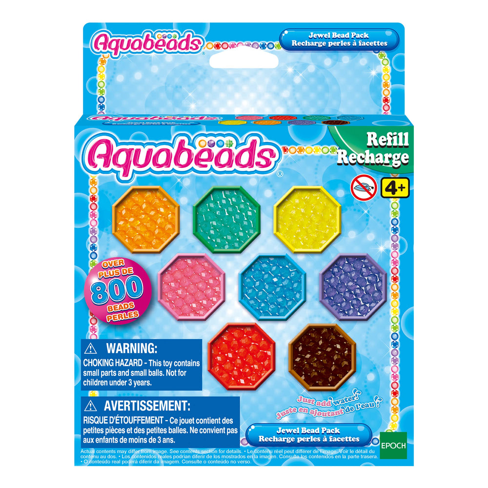 Aquabeads front packaging showing colorful jewel bead refill and clear box for easy storage