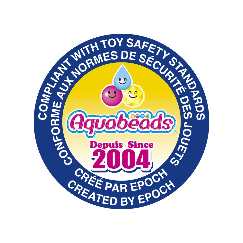 Aquabeads beads beside a template showing scale and compatibility with Aquabeads tools