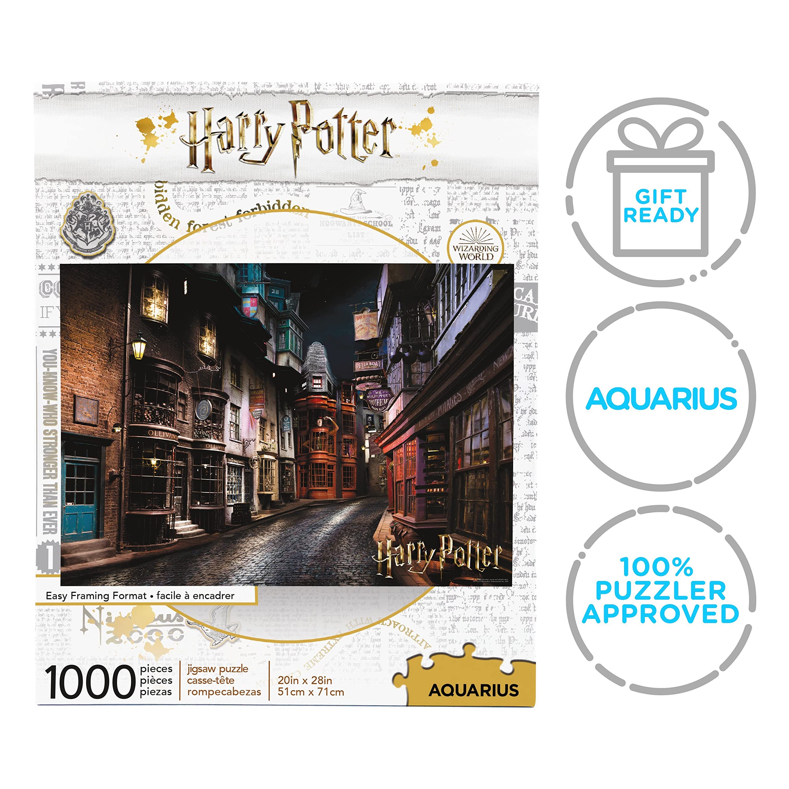Boxed 20x28 inch AQUARIUS Diagon Alley puzzle ready for display after completion