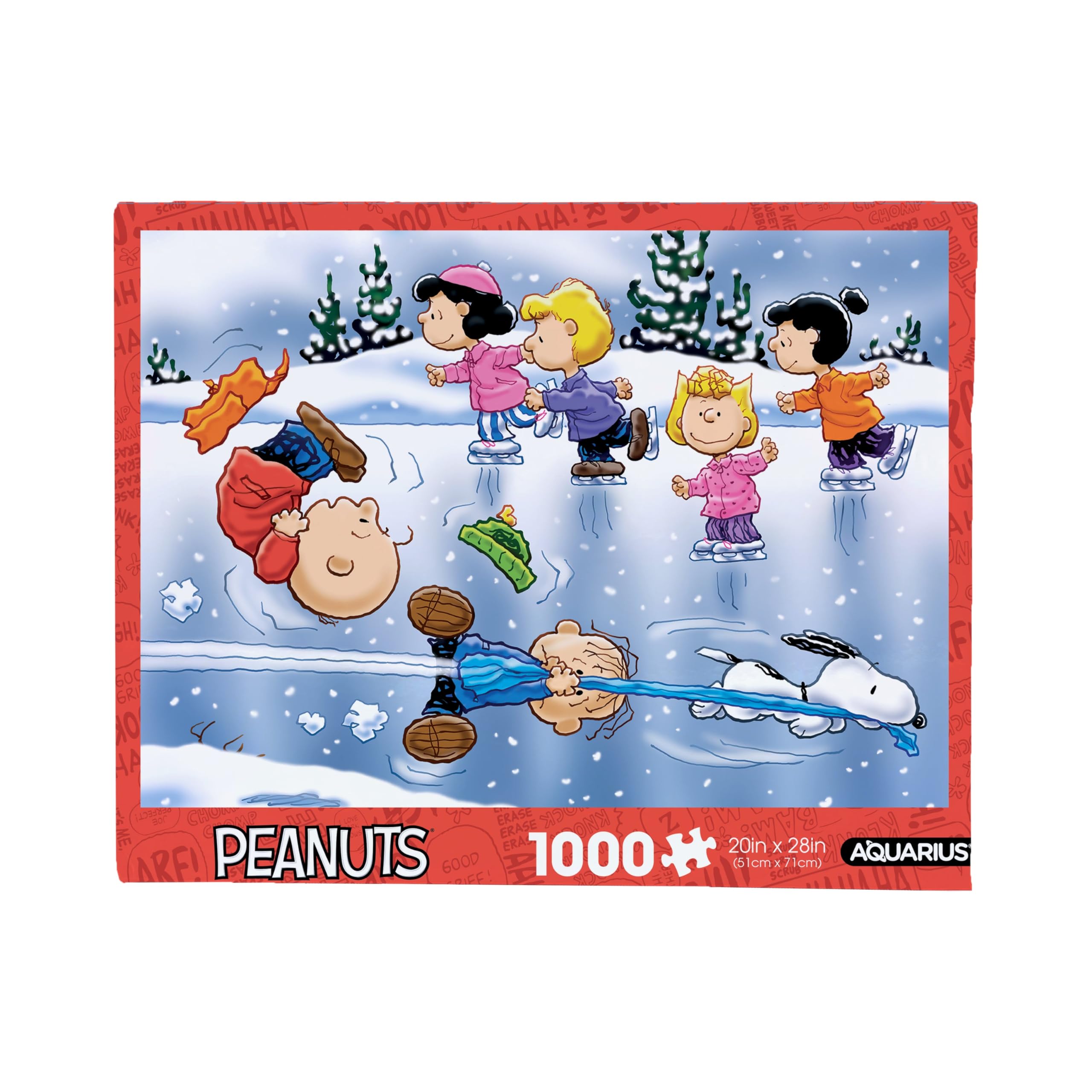 AQUARIUS Charlie Brown Christmas puzzle box front with vibrant Peanuts artwork for festive display.