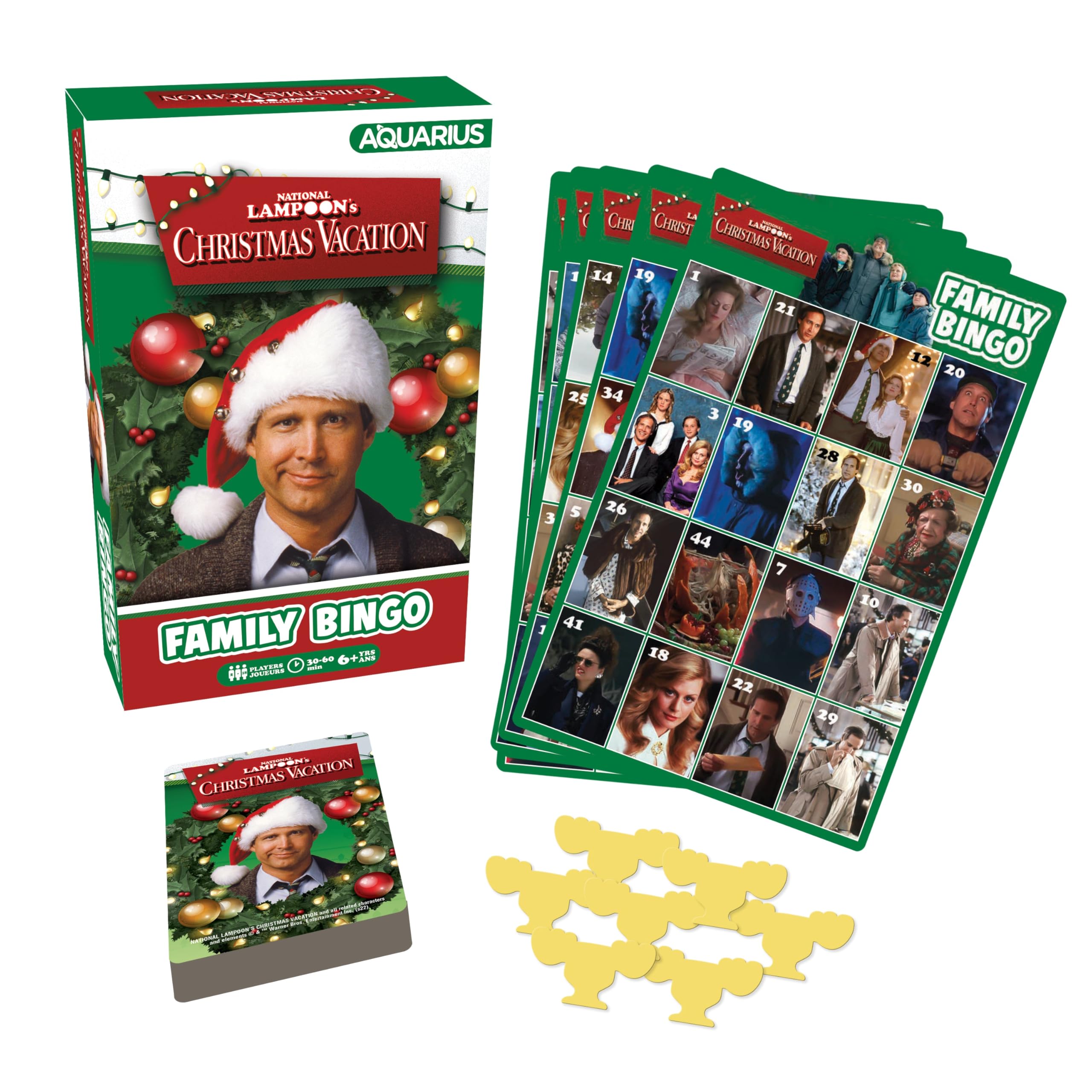 Aquarius Christmas Vacation Bingo Box shows a complete party game for festive family nights.
