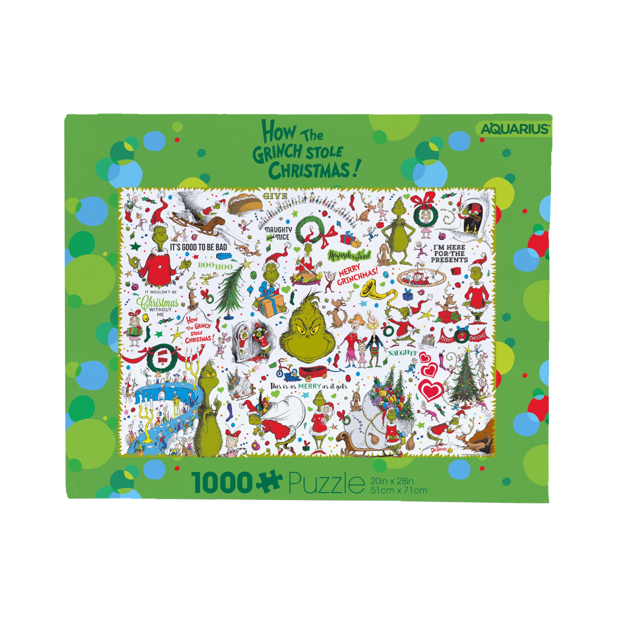 AQUARIUS Grinch collage puzzle box art with vibrant licensed imagery.