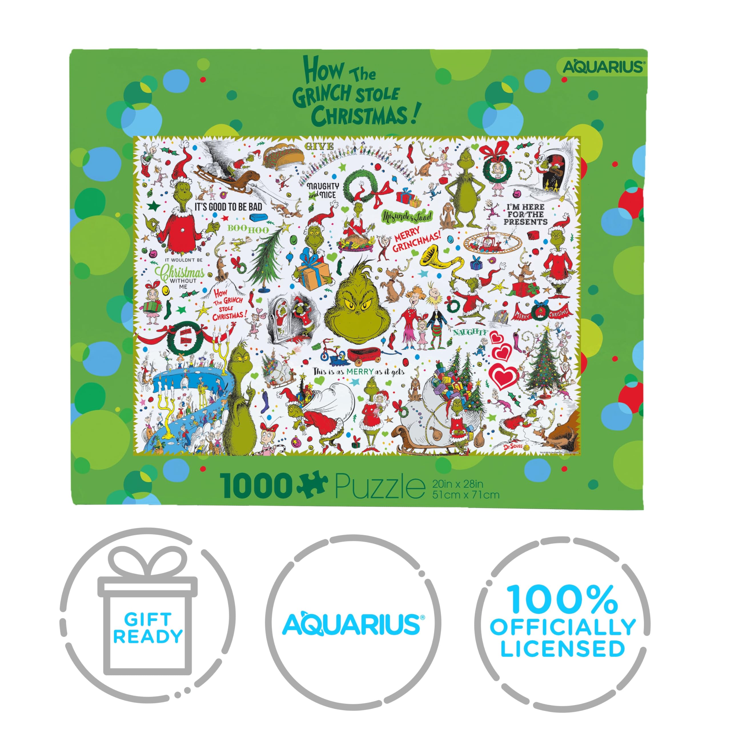 Ideal display of AQUARIUS Grinch collage puzzle for family room or shelf.